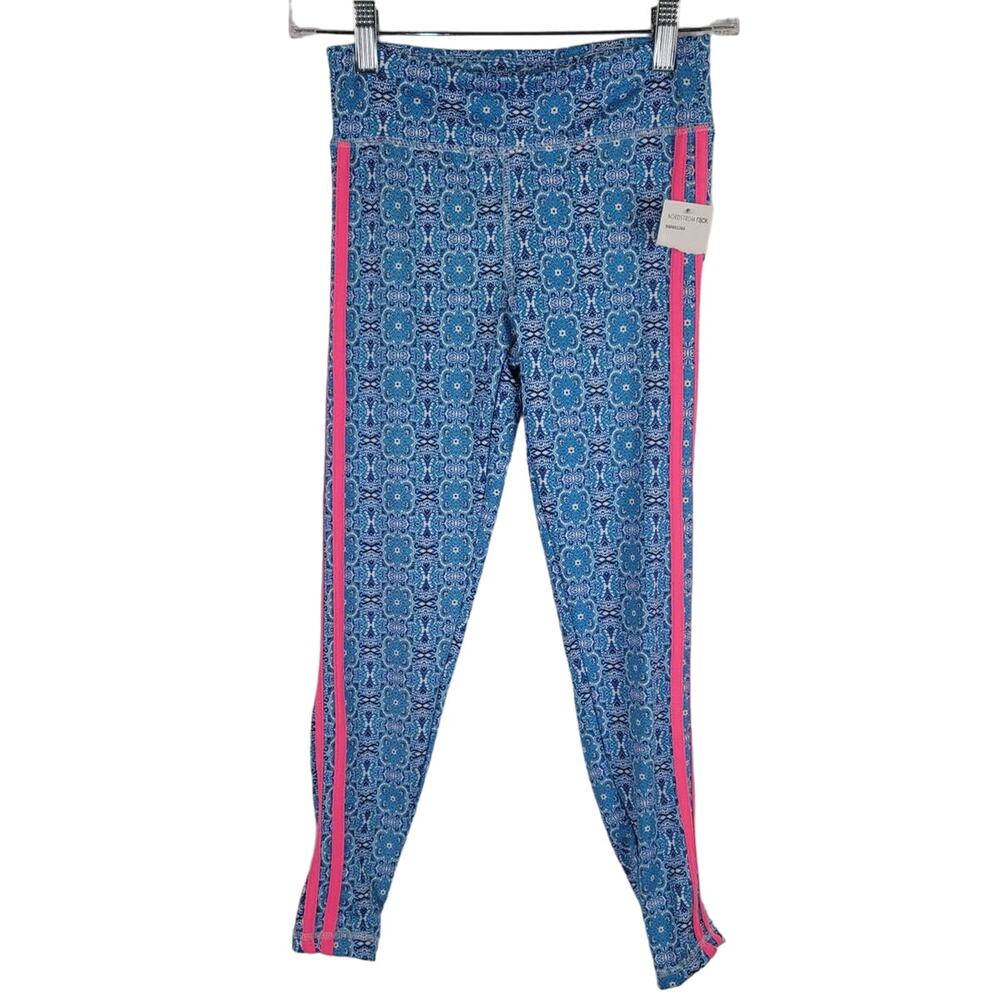 Nicole Miller Sport Athletic Workout Blue Pink Strip Leggings Girls M - 10 NWT
